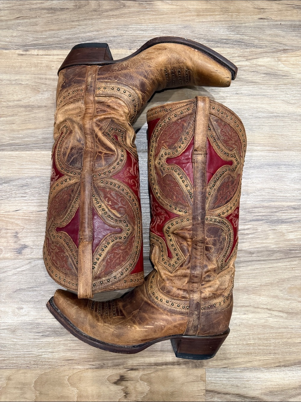 Lucchese Women's Brown Leather Cowboy Boots with Red Shaft - Picture 6 of 14